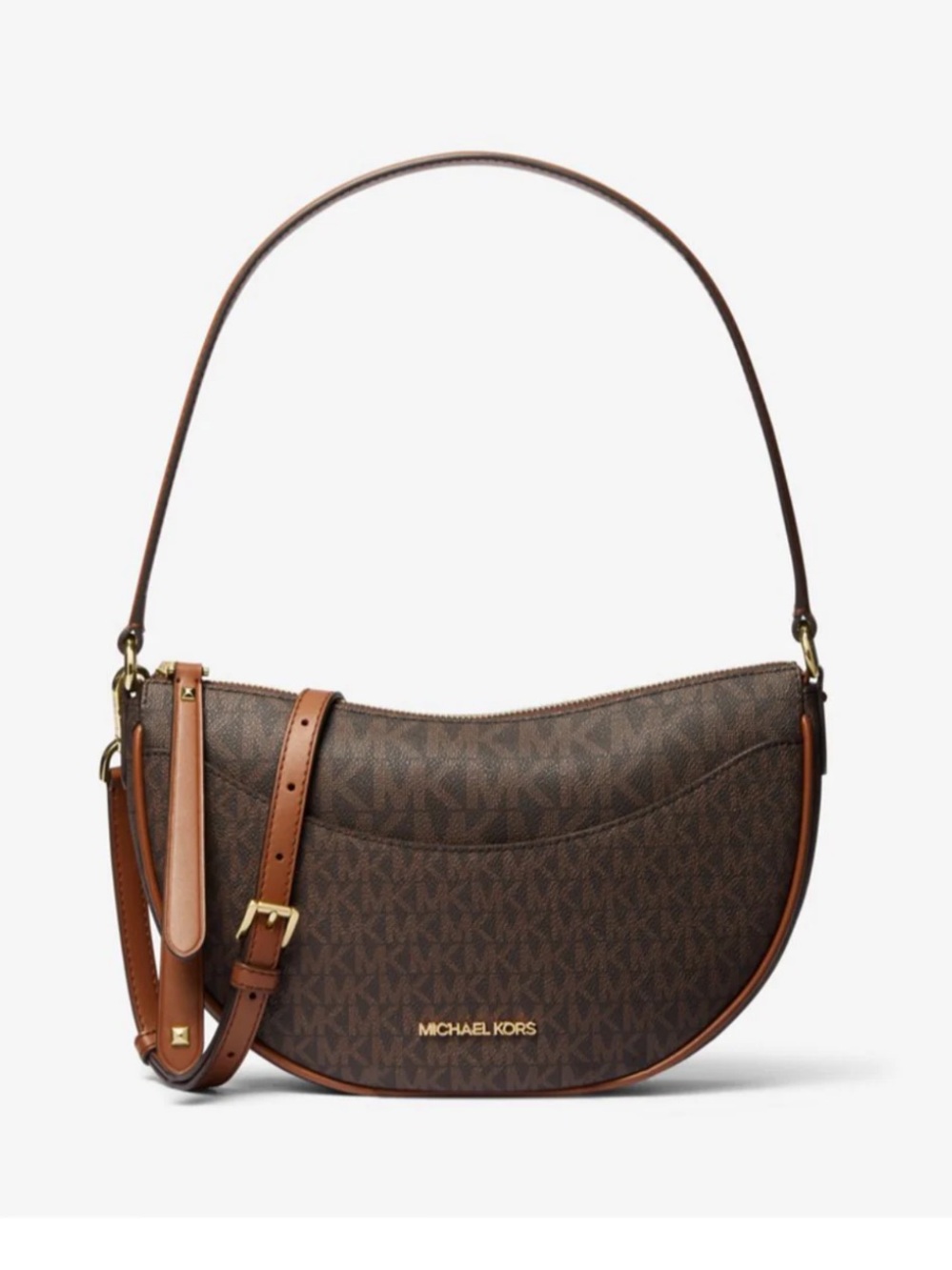 Michael Kors Dark Brown Signature Crescent Shoulder Bag with Tan Trim